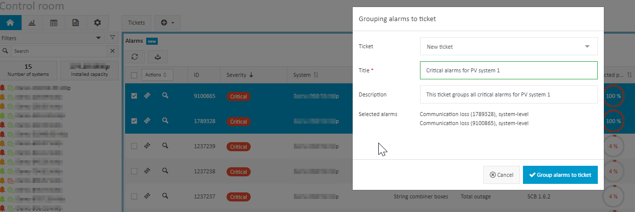 Group alarms into a single ticket