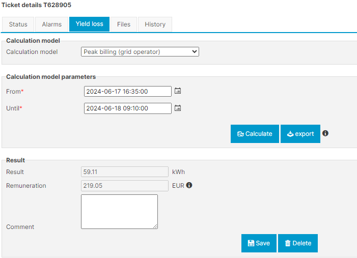 Ticket with yield loss calculation - peak billing