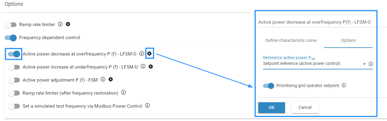 Frequency-dependent control - Configuration Prioritizing grid operator setpoint