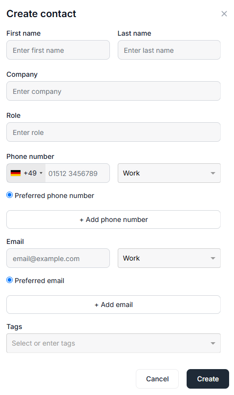 Form to fill in the contact details