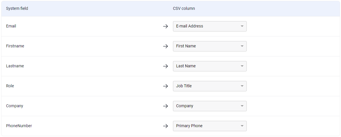 Map system field of mc Assetpilot with the CSV column