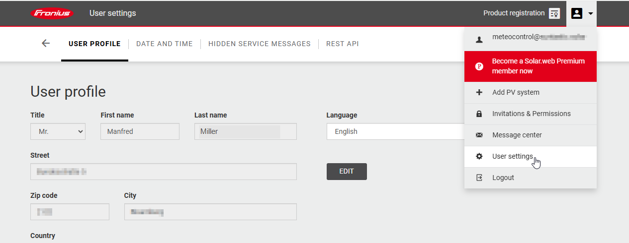 Fronius Solar.web API user profile