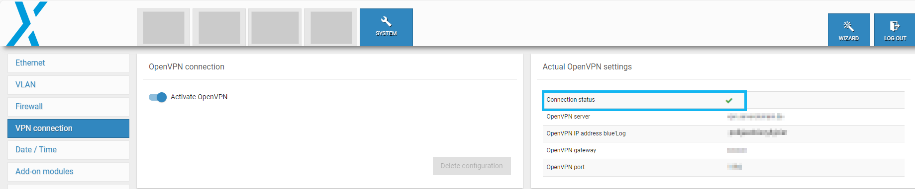 Confirm that the VPN connection is enabled and running via System_VPN connection