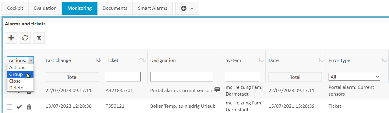   Alarms and tickets portlet