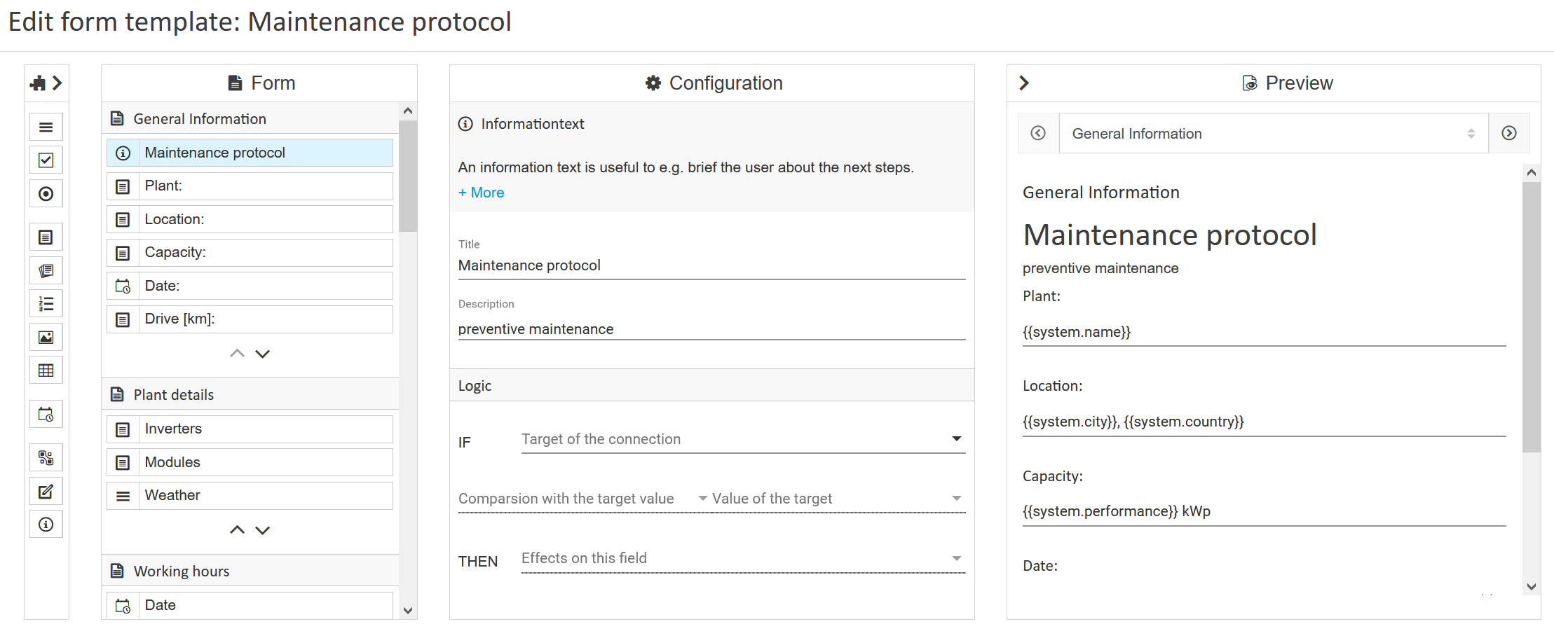 Form template editor - maintenance protocol