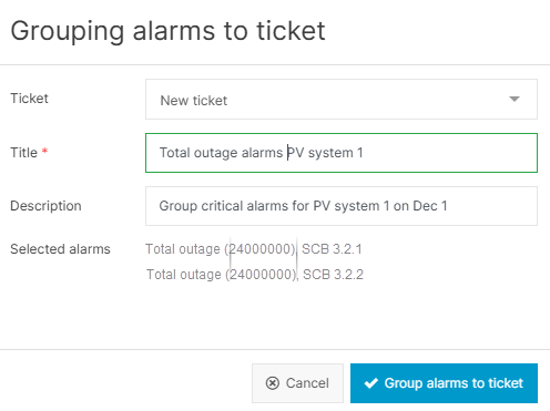 Alarms portlet_Define ticket