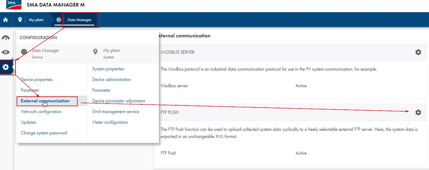 SMA Data Manager Navigate to settings