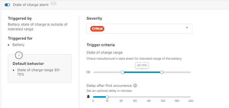 Battery state of charge alarm settings