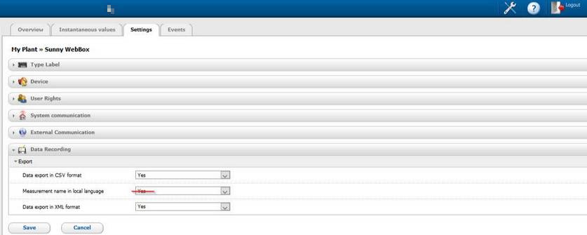 SMA Webbox Cluster controller_Disable local language settings for measured data