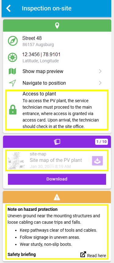 The technician can see the system master data in the work order details in the app