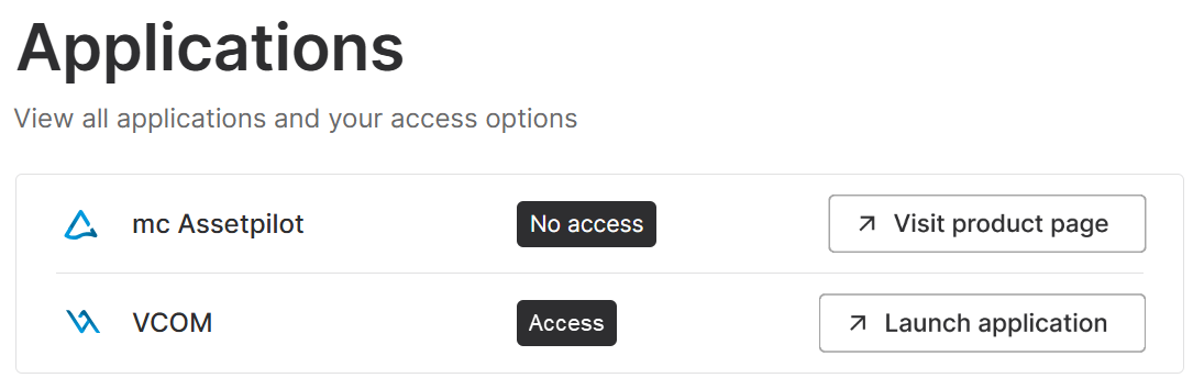 The Applications page shows all your organizations applications and information on your access options