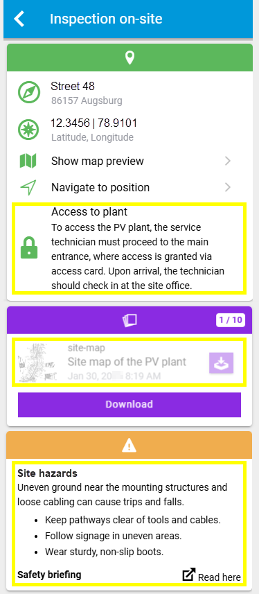 The technician can see the system master data in the work order details in the OM app