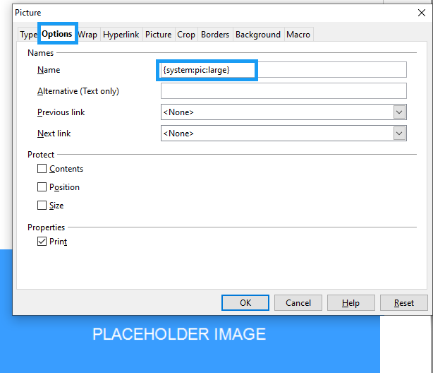 Enter the variable in the placeholder image in OpenOffice