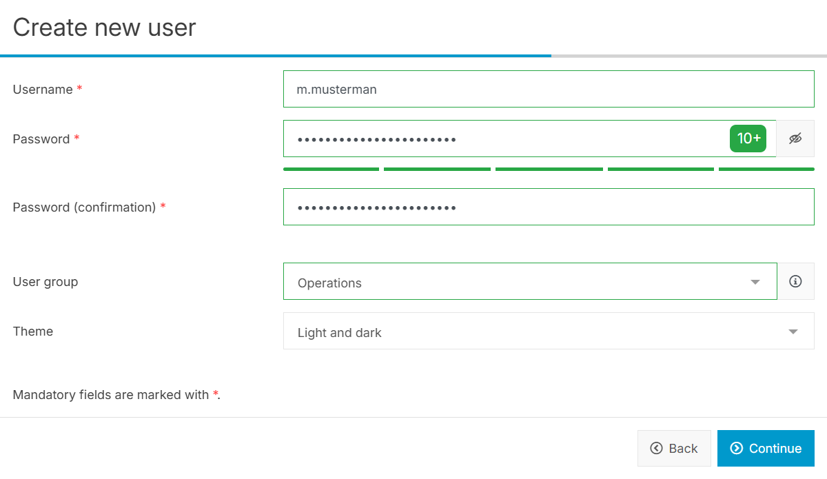 Enter the user data of your new user