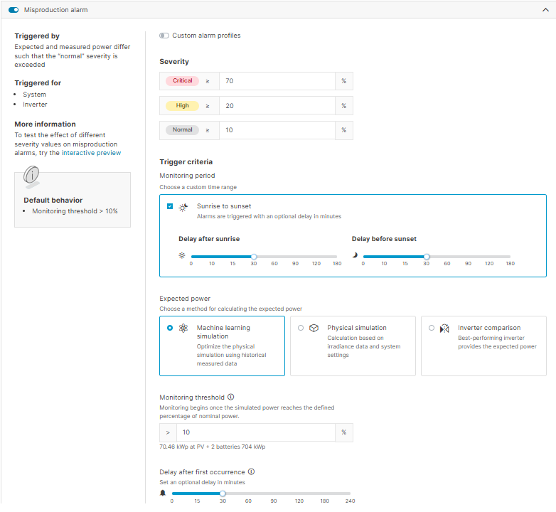 Misproduction alarm settings