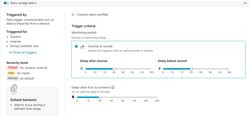 Data outage alarm settings