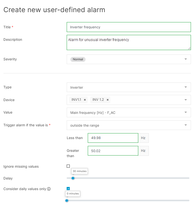 User-defined static alarm settings