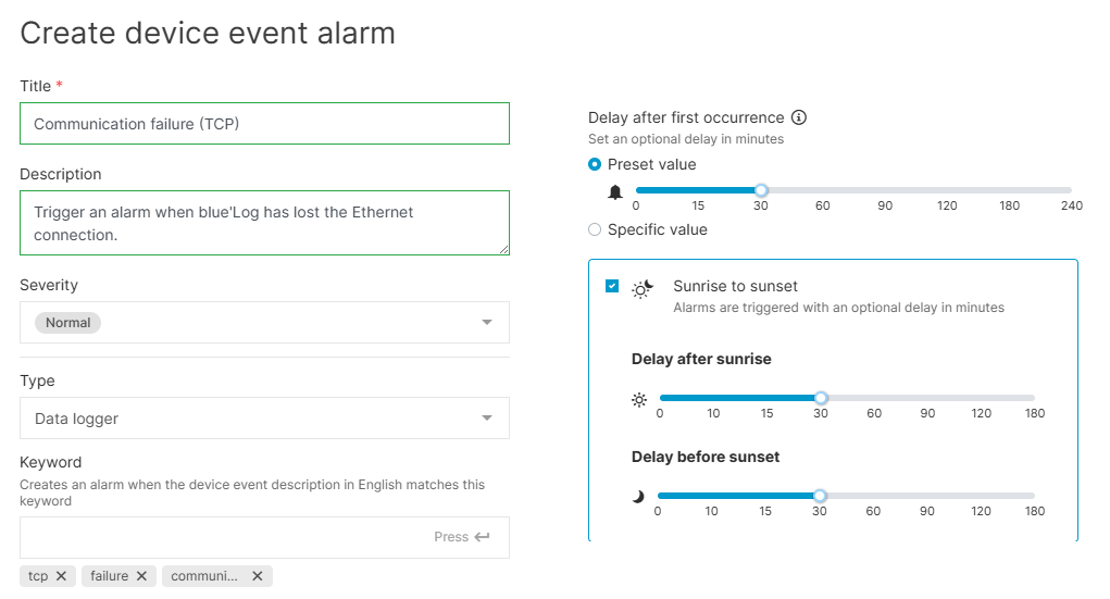Device event alarm for a lost Ethernet connection from blueLog
