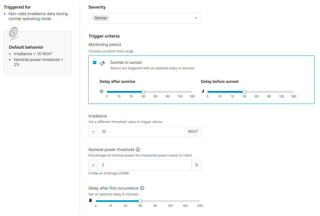 Irradiance sensor alarm settings