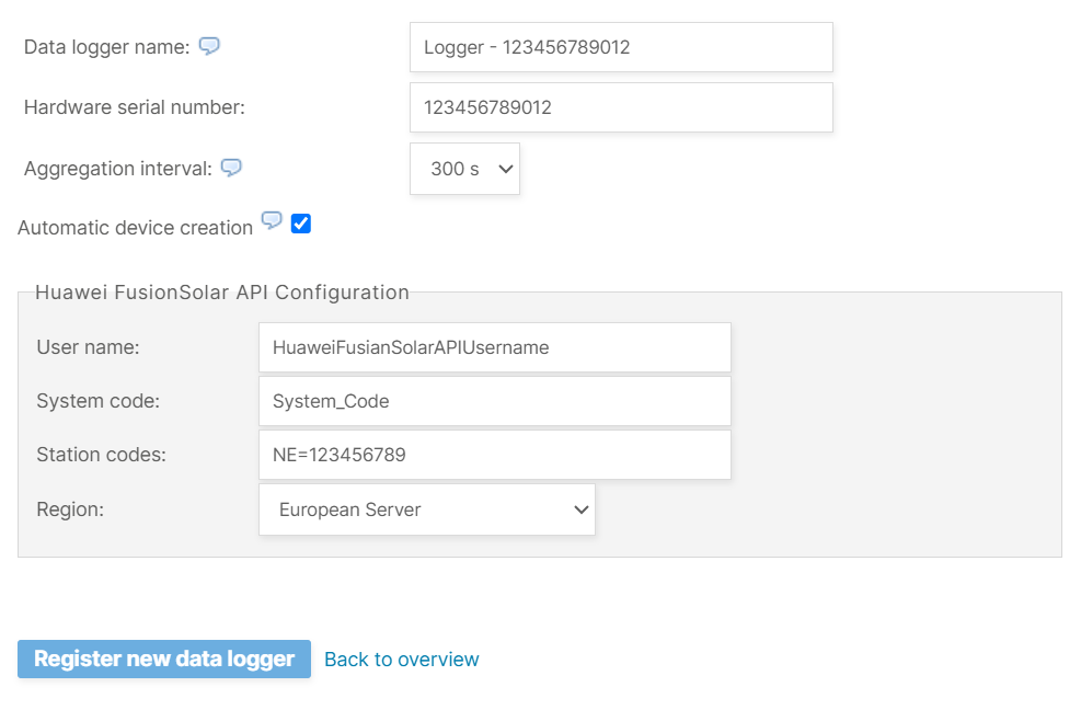 Register Huawei FusionSolar API in VCOM