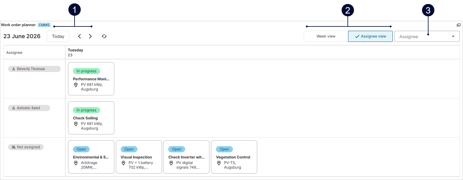 Work order planning portlet in Assignee view