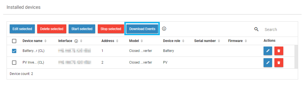 Installed devices table