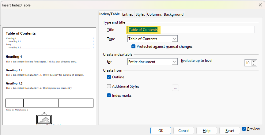 Insert a table of contents in an OpenOffice document