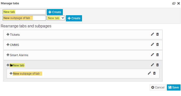Create tabs and subpages