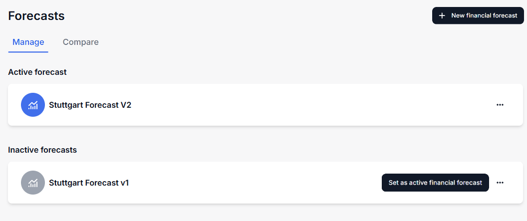 Overview of the Manage tab of financial forecasts domain