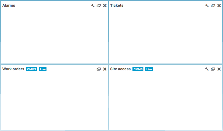 The CMMS tab includes the Alarms, Tickets, Work orders, and Site access portlets