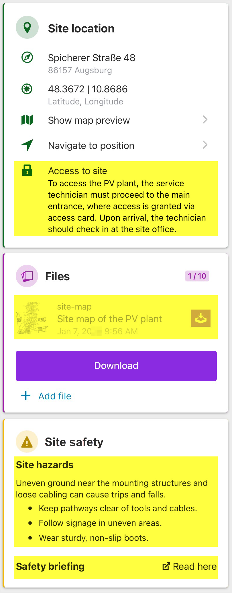 The technician can see the system master data in the work order details in the OM app