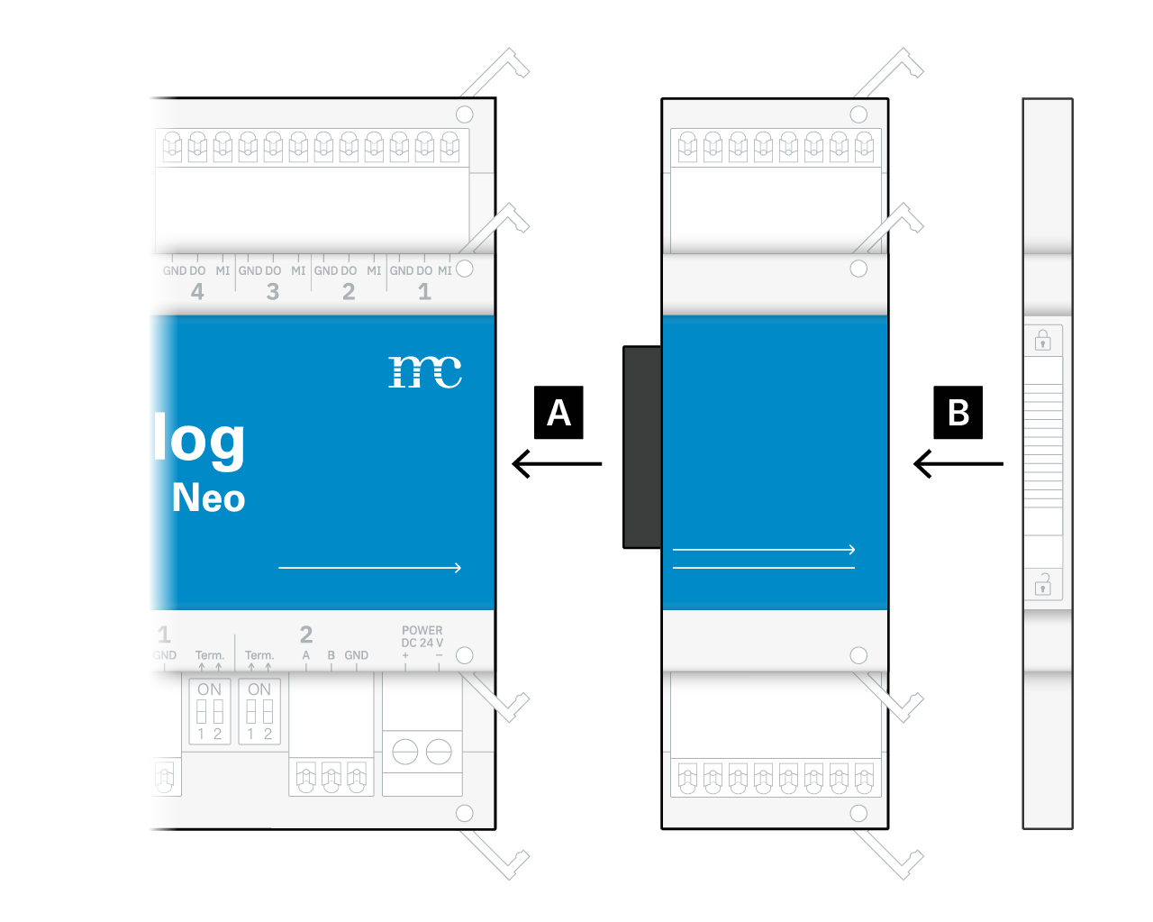 Attach A) add-on module and B) side capAttach A) add-on module and B) side cap
