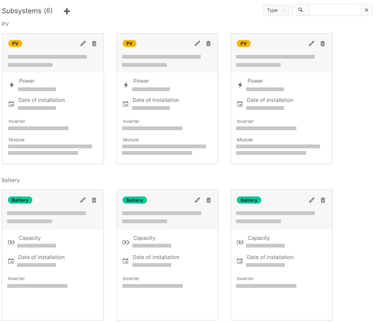 PV and battery subsystems are displayed separately in the area Subsystems