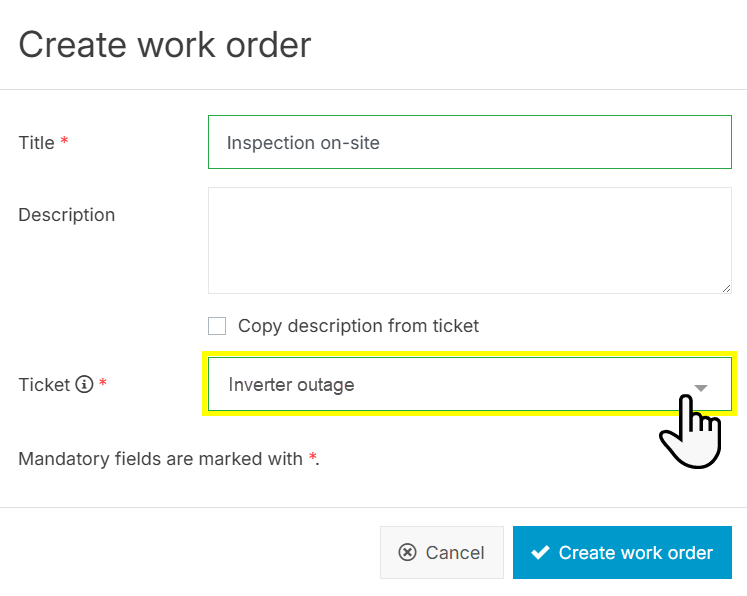 When you create a work order from the Work orders portlet, you must link the Ticket separately
