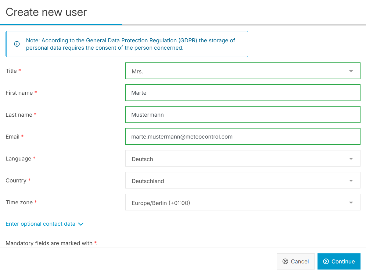 Enter the user details of the new user